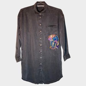 Zara Basic Denim Z1975 Embroidered Dress Sequin XS ButtonDown Collared Oversized